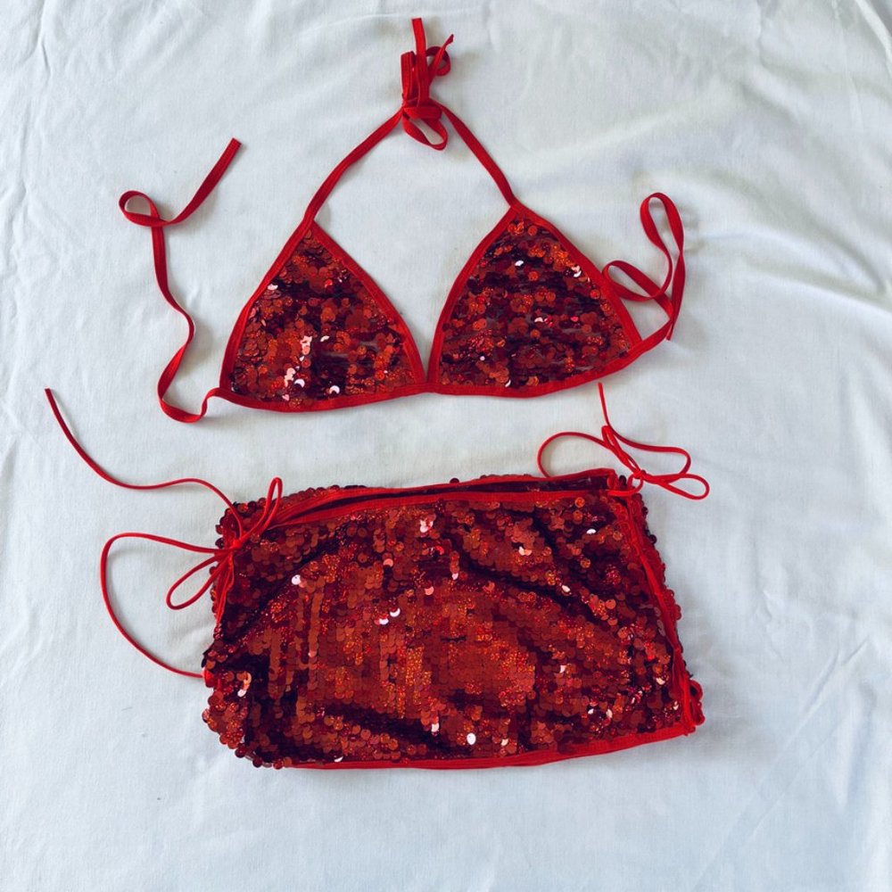 Leg Avenue Red Sequin Skirt and Triangle Top set